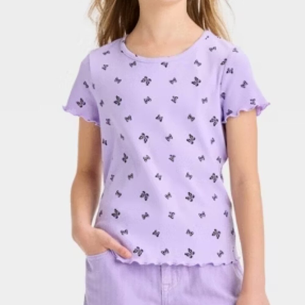 Cat & Jack Girls’ Short Sleeve Ribbed Butterfly Shirt - Lavender Butterflies S